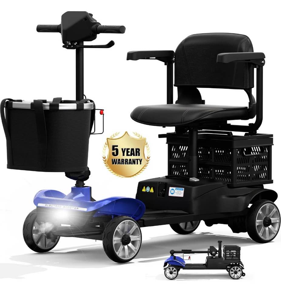 coolhut upgrade 4 wheels mobility scooter for seniors with removable battery, 25+ mile range foldable electric powered mobility wheelchair device with foldable back baskets, fits in car trunk, red