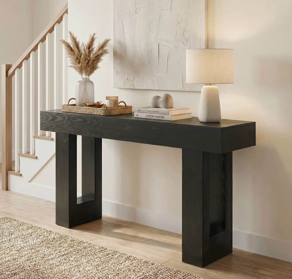 edx 63 inch solid wood farmhouse console - rectangular sofa back design, multi-purpose storage for entryway hallway living room, black