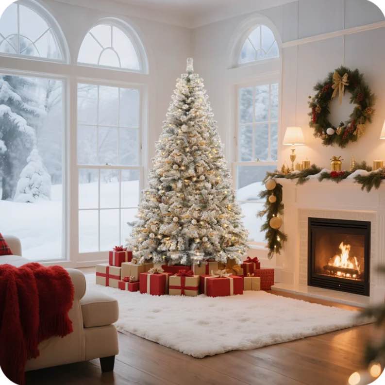 VAVSEA 7.5ft Pre Lit Snow Flocked Christmas Tree with Storage Bag, Fence, Tree Skirt, Hinged Artificial Xmas Tree with 350 Warm White Lights, 1200 Tips for Holiday Home Office Decoration