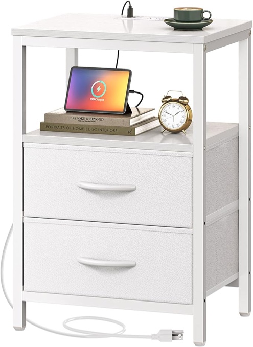 Huuger Nightstand with Charging Station, Side Table with Fabric Drawers, End Table with Open Shelf, Bedside Table with USB Ports and Outlets, Night Stand for Bedroom, White