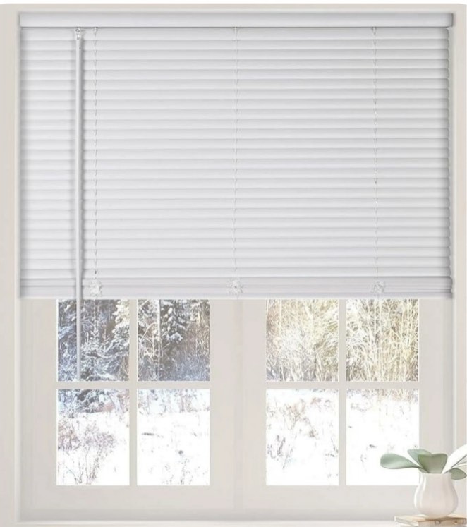 Calyx Interiors Cordless White 1” Light Filtering Mini Blinds 34.5"W x 36"H Window Blinds for Home, Vinyl horizontal blinds for indoor windows