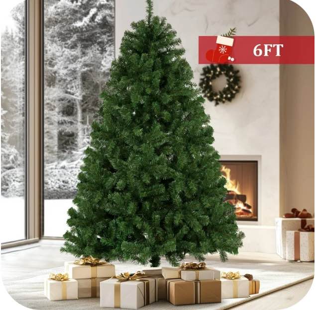 Funcid 6ft Green Artificial Christmas Tree, Hinged Spruce Full Tree with 1477 Branch Tips, Foldable Metal Stand, New PVC Material, Xmas Tree for Indoor and Outdoor Decoration