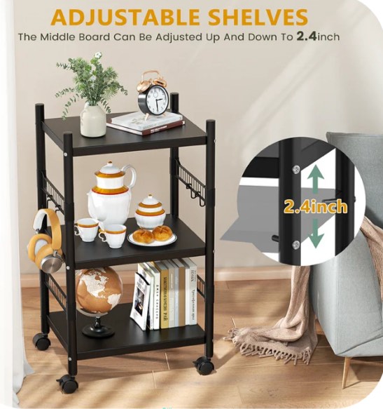 3-Tier Kitchen Rolling Cart, Utility Shelf Microwave Stand Storage Cart, Kitchen Baker's Rack with 4 Universal Wheels and 4 Removable Hooks, Workstation Shelf 3-Tier Kitchen
