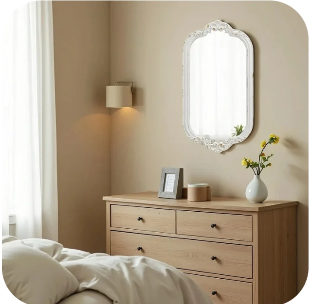 Sintosin Vintage Wood Framed Carve Mirror for Wall Decor, Hanging Distressed White Wooden Wall Mirror, Farmhouse Antique Mirror for Living Room, Bedroom, Bathroom, Entryway