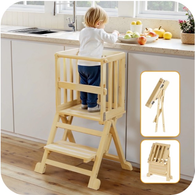 Joqixon Toddler Tower Foldable Helper for Kitchen: Toddler Step Stool Learning Standing Tower for Counter - Kitchen Stool Helper for Kids, 1-3 Years Old Boy Girl Gifts, Wood