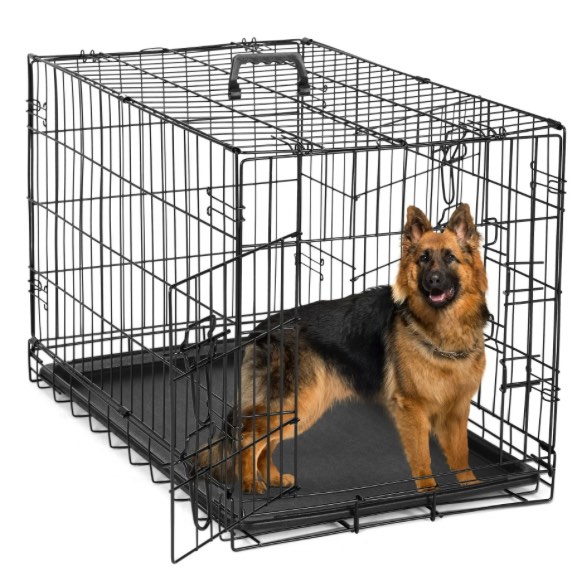 EDX Big Dog Crate with Divider Panel, 48 Inch Double Door Folding Metal Wire Dog Cage with Plastic Leak-Proof Pan Tray
