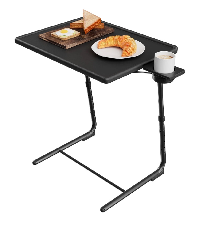 TV Tray Table with Cup Holders, Portable C-Shaped Side Dinner Tray Table, Adjustable 6 Heights & 3 Tilt Angle for Living Room, Bedroom, Black