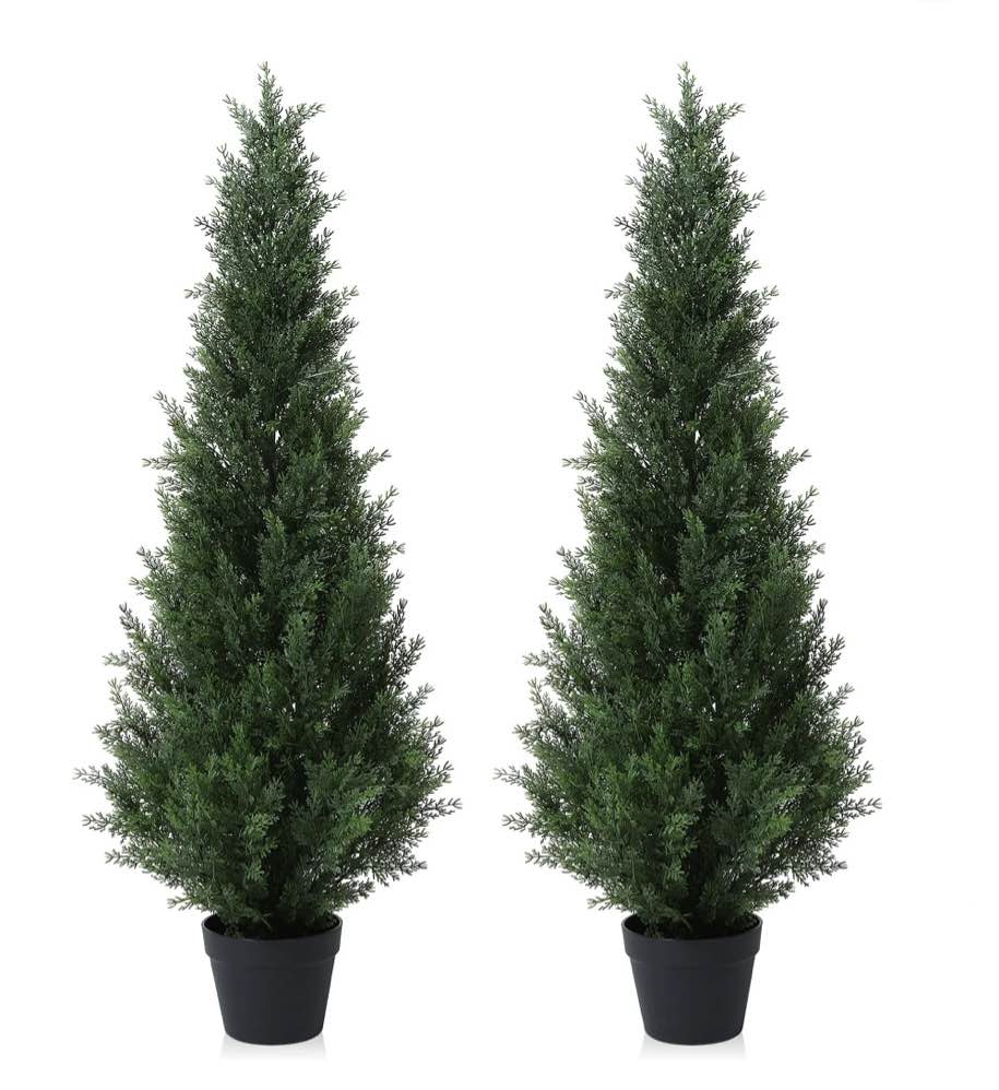 Artificial Cedar Tree 2 Pack 4 ft Outdoor Artificial Topiary Cedar Plants Fake Tree UV Rated Potted Tree for Perfect Housewarming Gift, Set of 2