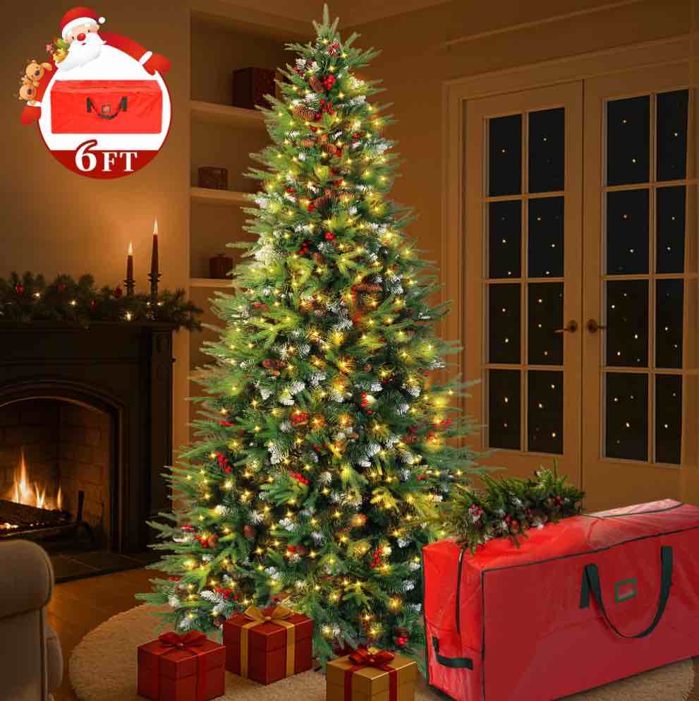 Yexmas 6ft Pre-Lit Artificial Christmas Trees,Green Xmas Tree with Large Christmas Tree Storage Bag,Pinecones, Berries, Realistic Artificial Christmas Trees for Home, Office, Party Decoration