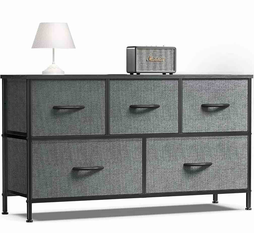 ZUNMOS 5 Drawer Fabric Dresser for Bedroom, Chest of Drawer Organizer Storage Cabinet for Closet, Entryway, Grey