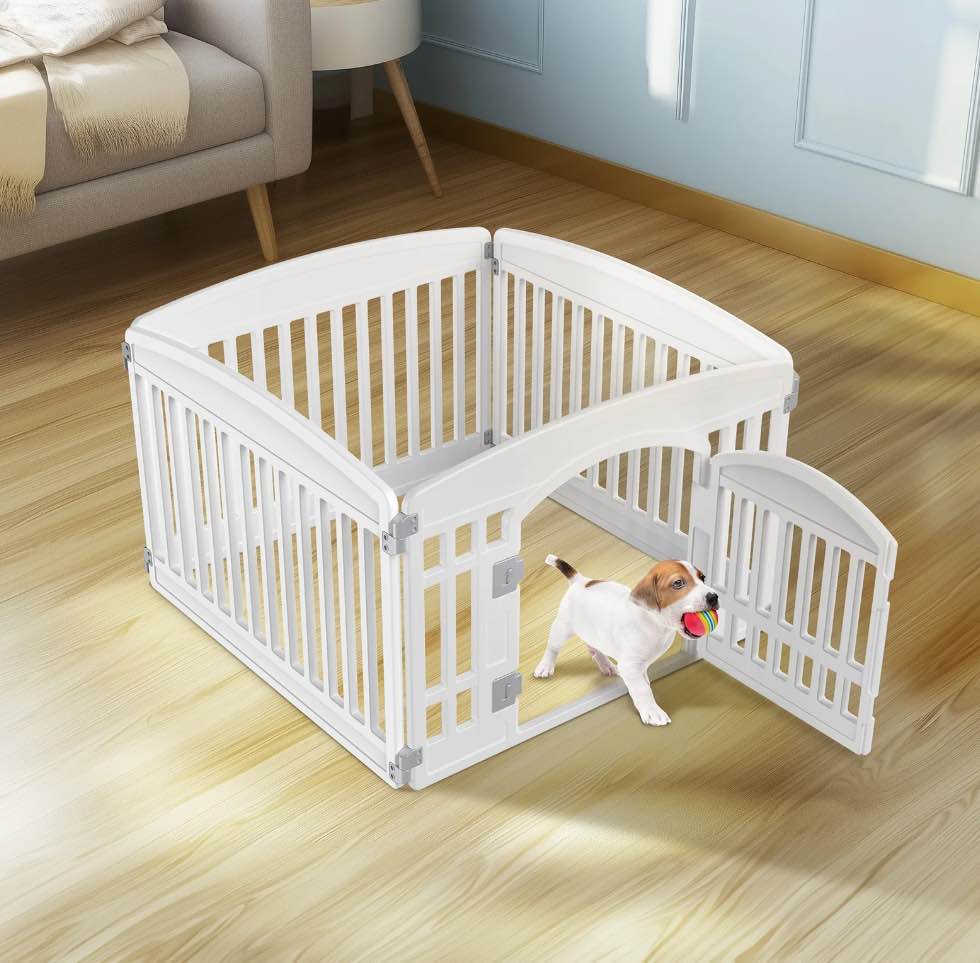 edx dog playpen, 4-panel 24" foldable pet pen with door, indoor/outdoor puppy pen, customizable, white