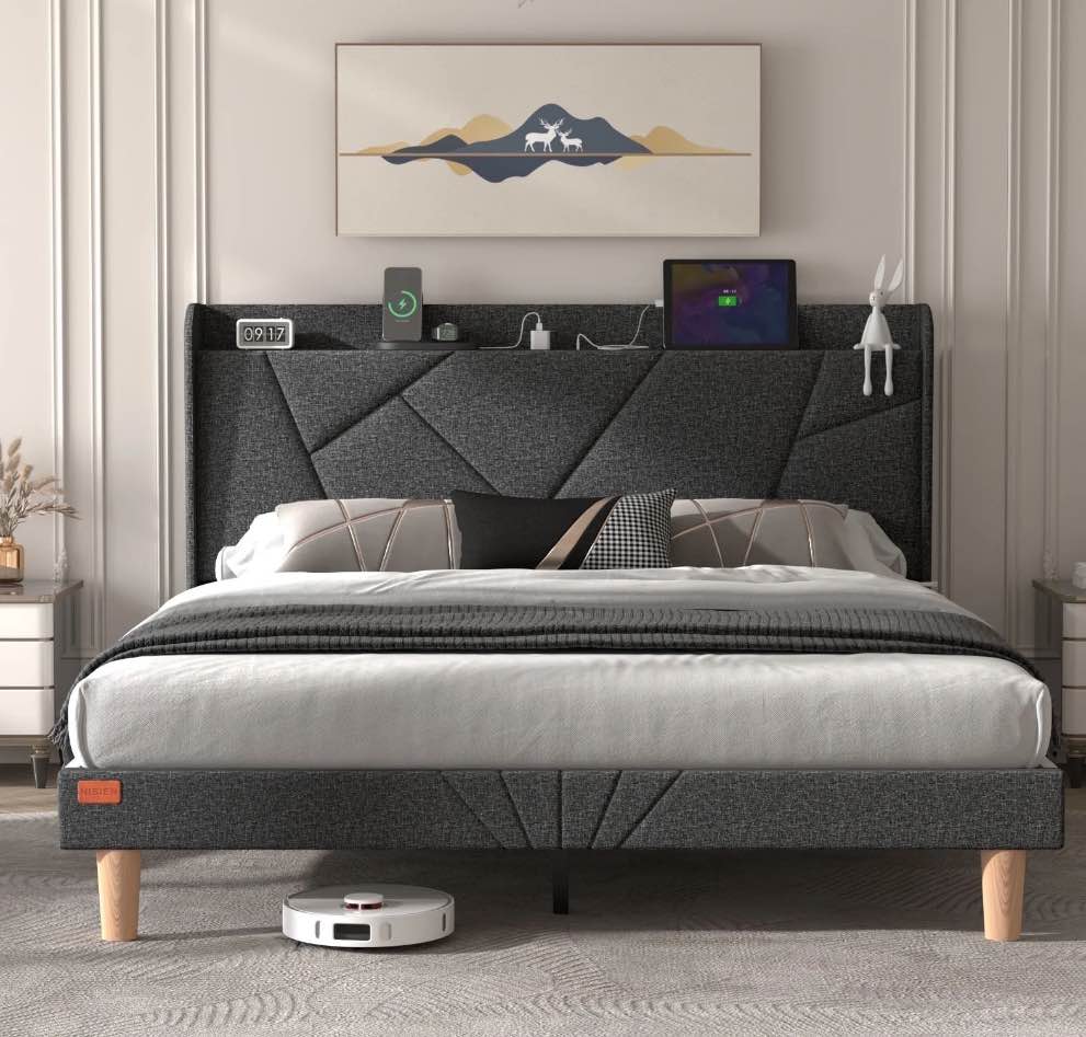 nisien queen bed frame with charging station, upholstered platform bed with wingback storage headboard, dark gray