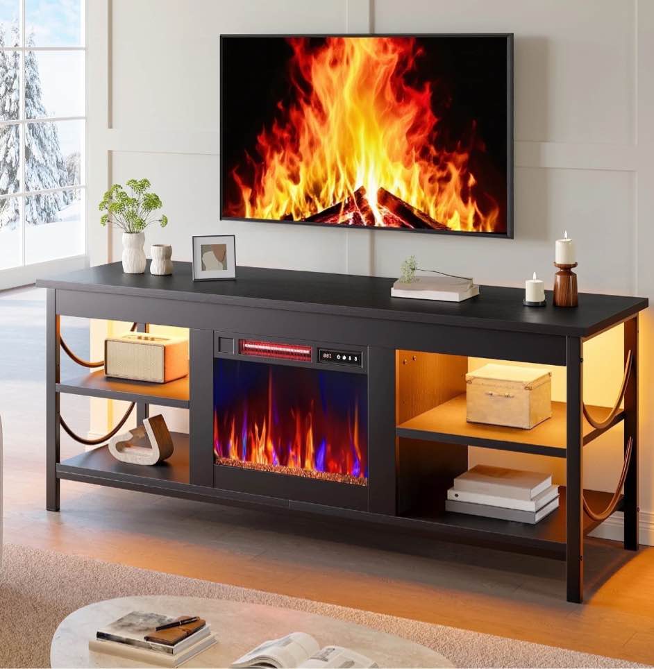 Pinmoco LED Fireplace TV Stand for TVs up to 65", Farmhouse Entertainment Center with Electric Heater, Media Console with Adjustable Shelves & Cable Management, Black