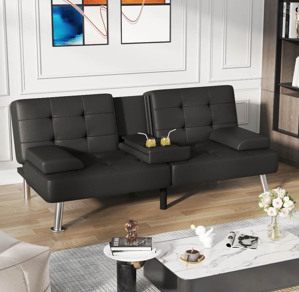 Homall Futon Sofa Bed Faux Leather Couch Modern Convertible Folding Recliner with 2 Cup Holders