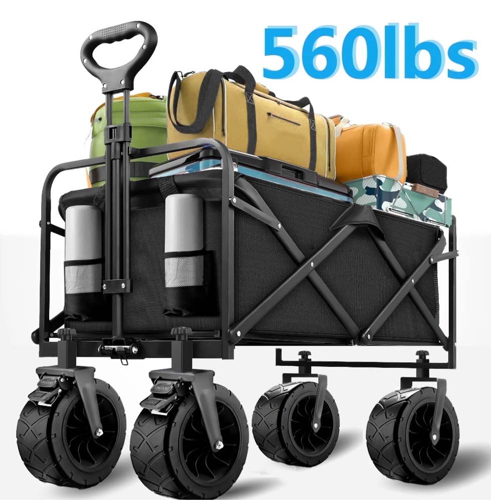 Qunler 560lbs Collapsible Folding Wagon, Big Bucket Beach Cart,  Heavy Duty Large Capacity Garden Wagon with Multi-Terrain Brake Wheels for Outdoor Camping, Shopping, Sports, Grocery, Kids, Black