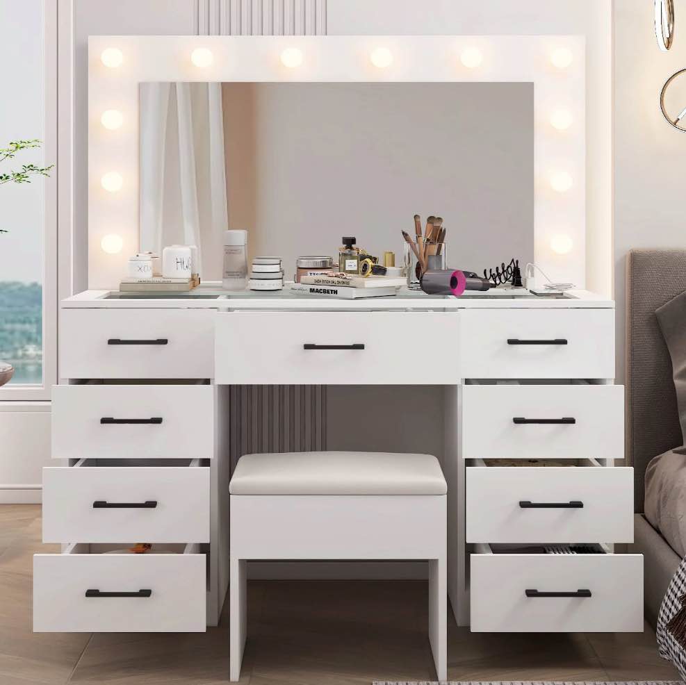 Ktaxon Large Makeup Vanity, Get Ready with Me GRWM Vanity Table Set w/ Visible Glass Top w/ Charging Station, White