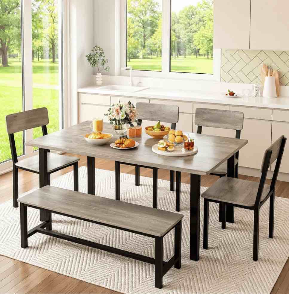 LinkRomat 6-Piece Dining Table Set for 6, Kitchen Table and Chairs with Bench, Modern Gray Wood Dining Room Set, Space Saving Small Dining Table for Apartment