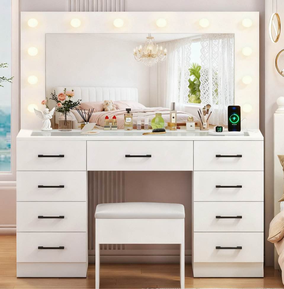 Ktaxon Large Makeup Vanity, Get Ready with Me GRWM Vanity Table Set w/ Visible Glass Top w/ Charging Station, White