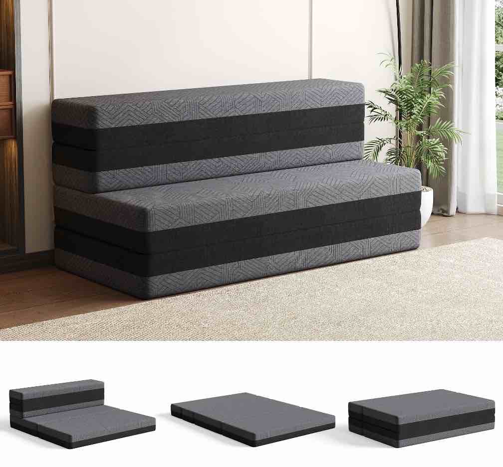 BEHOST 5-in-1 Quad-fold Convertible Sleeper Sofa Bed Single, 4" Foldable Floor Mattress Longer Chaise Ottoman Futon Sofa Couch for Apartment Dorm Guest Room Camping RV, Dark Gray