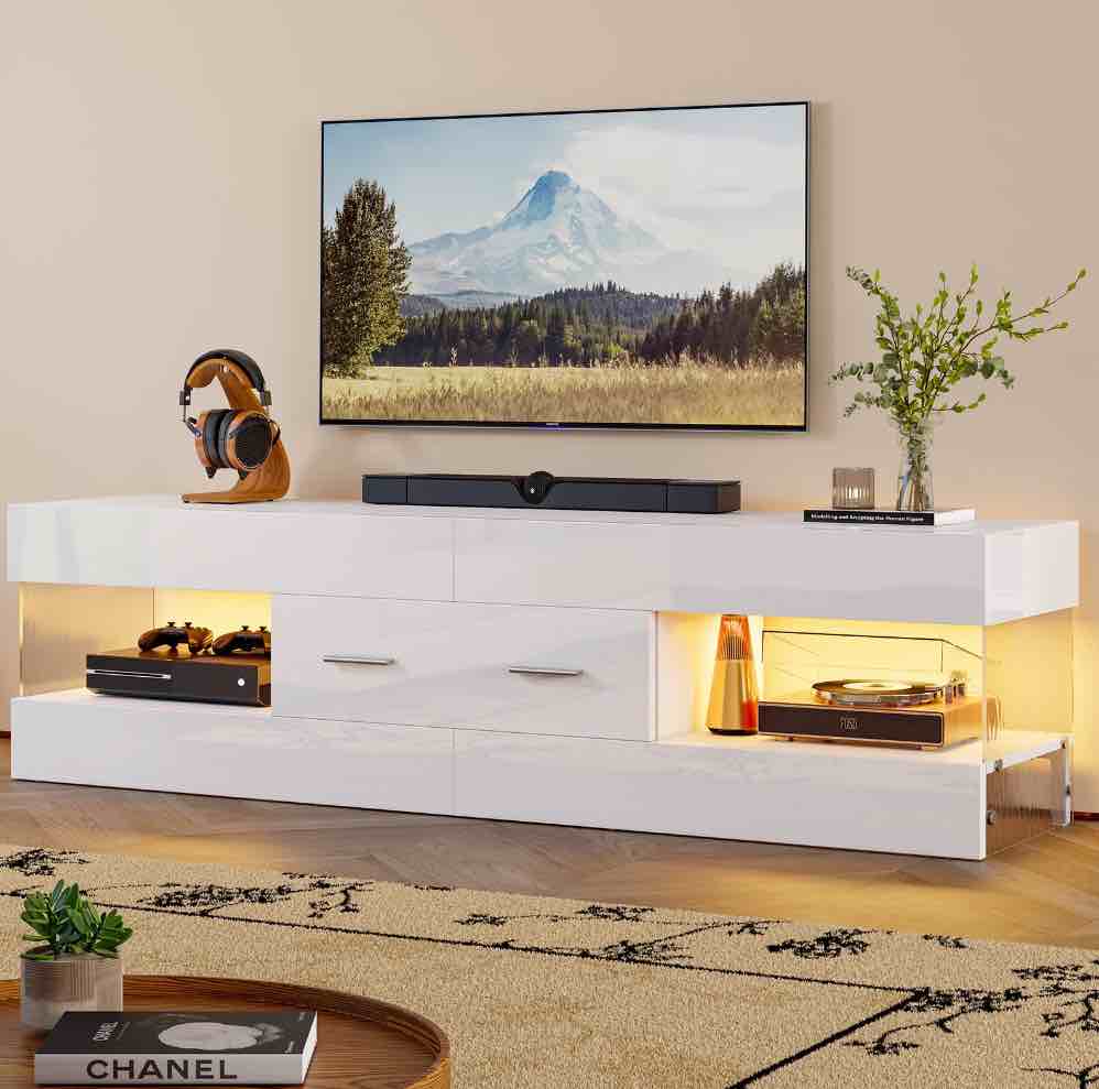 Bestier White TV Stand for TVs up to 65", Modern Entertainment Center for TVs with LED Light, High Gloss TV Console Table with Storage Drawers