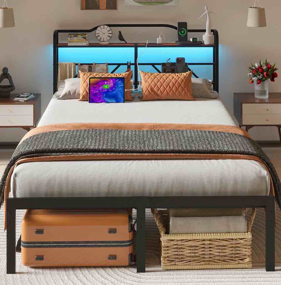 NISIEN Queen Size Bed Frame with LED Storage Headboard & Charging Station, Metal Platform Bed, Black