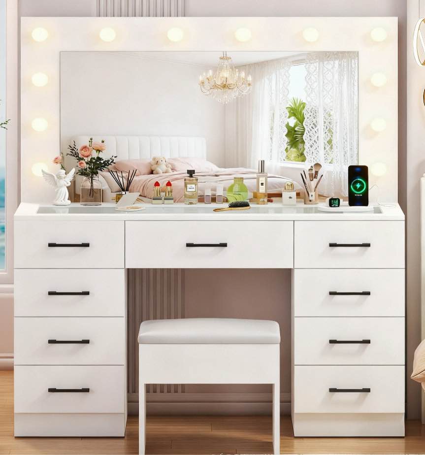 Ktaxon Large Makeup Vanity, Get Ready with Me GRWM Vanity Table Set w/ Visible Glass Top w/ Charging Station, White