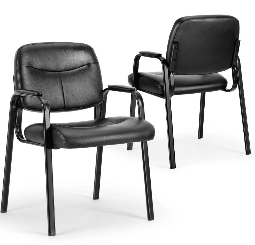 edx Guest Chairs Set of 2, Reception Chair with Fixed PU Leather Padded Armrests for Office Waiting Room, Black, 2 Pack