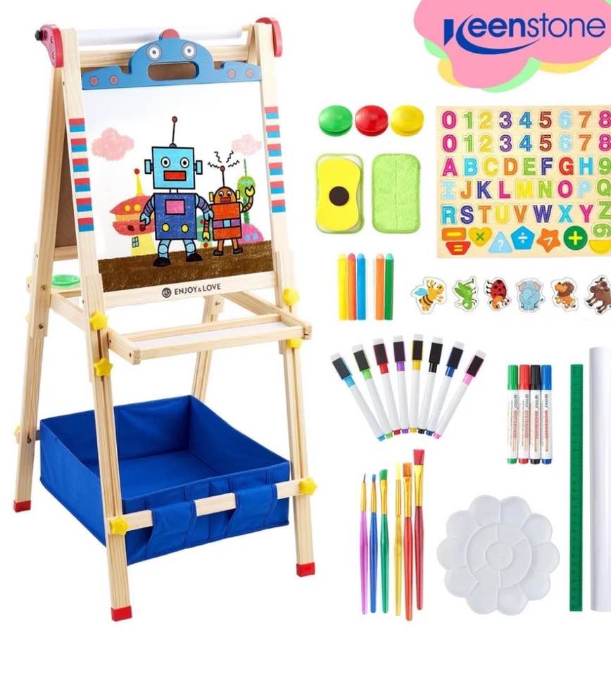 Keenstone Robot Art Easel for Kids, Learning-Toy for 3,4,5,6,7,8 Years Old Boy&Girls, Wooden Chalkboard&Magnetic Whiteboard&Painting Paper Stand, Gift&Art Supplies for Toddler