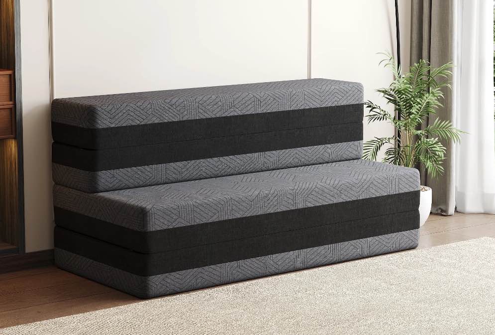 BEHOST 5-in-1 Quad-fold Convertible Sleeper Sofa Bed Twin, 4" Foldable Floor Mattress Longer Chaise Ottoman Futon Sofa Couch for Apartment Dorm Guest Room Camping RV, Dark Gray