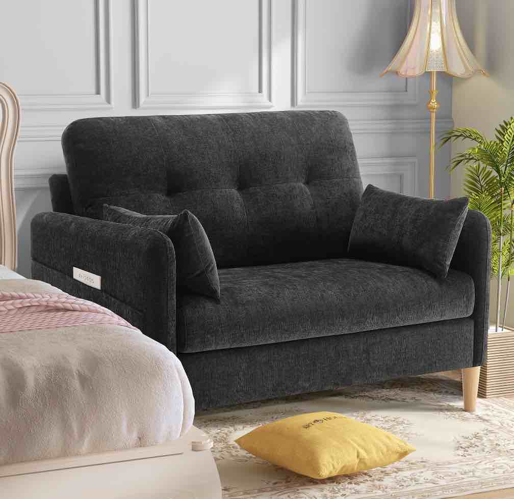BedLuxury 47'' Wide LoveSeat, 2-seat Chenille sofa with 2 Pillows for Living Room and Small Spaces, Dark Grey