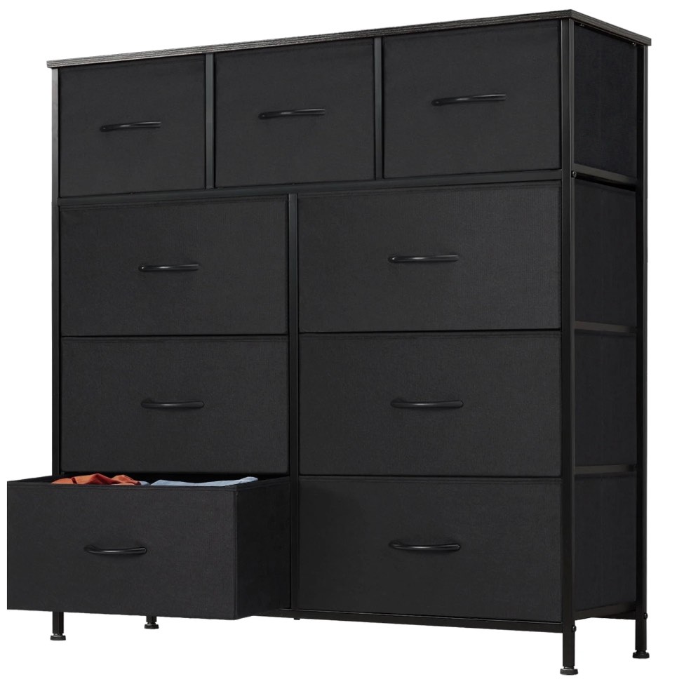 EDX 9 Drawer Dresser, Wide Chest of Drawers Nightstand Storage Tower Storage Fabric Dresser with Wood Top for Living Room, Bedroom, Hallway,Black