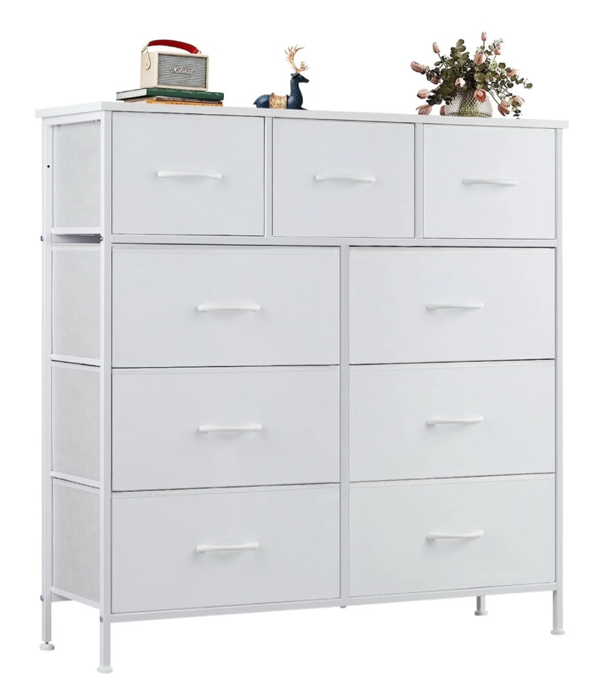 ZUNMOS Fabric Storage Dresser with 9 Drawers, Steel Frame and Wooden Top for Bedroom, Closet and Entryway , White