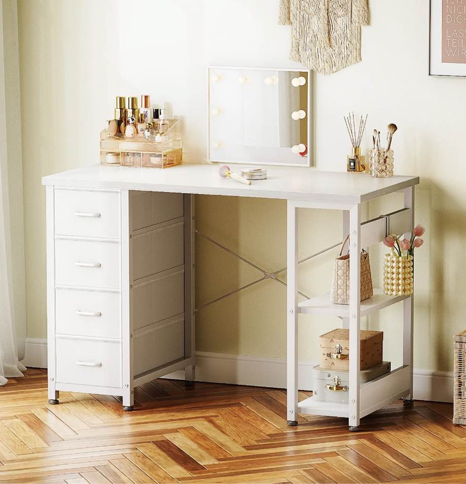 casacomoda computer desk with drawers & storage shelves, 40 inch corner desk for home office bedroom, small teen pc desks with fabric drawer, black