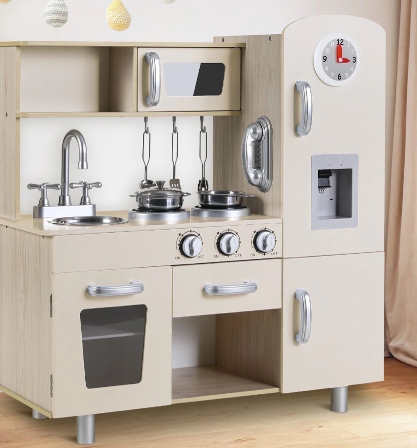 arlopu kids play kitchen wooden kitchen playset interactive toys with sounds & lights, telephone, water dispenser, cookware accessories