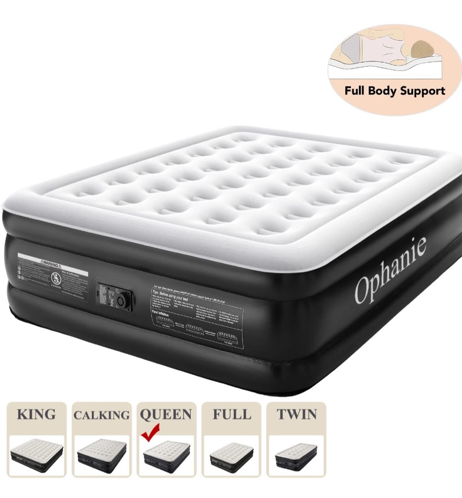 ophanie queen air mattress, 18-inch elevated inflatable bed with built-in pump, puncture-resistant, quick inflation/deflation, portable for camping & guests, black
