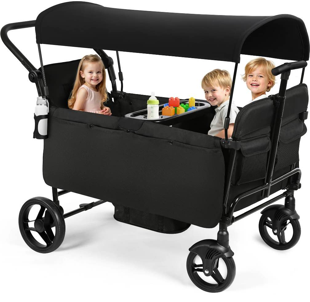 vomeast wagon stroller for kids, spacious 4-seater stroller wagon with adjustable canopy, pull & push handle, 5-point harness, foldable for toddlers, black