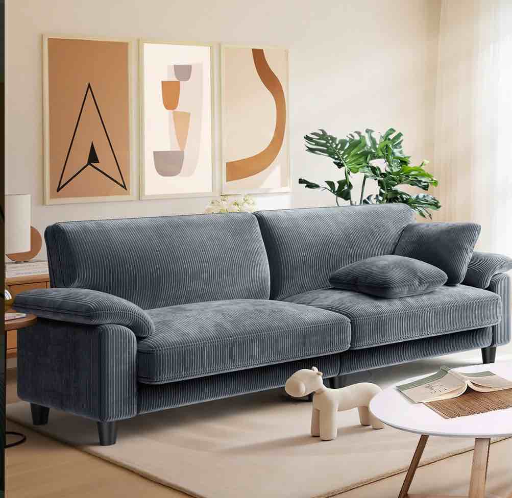 83" corduroy sofa,loveseat sofa with extra deep seat couches ,comfy upholstered couch for living room,tool-free setup with 2 pillows,gray