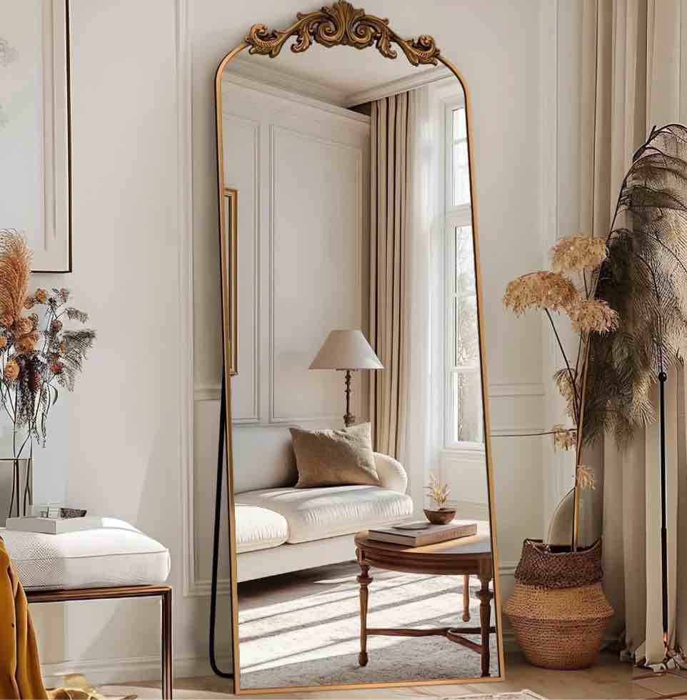 antok 58"x18" vintage arched full-length mirror with carved metal frame, baroque-style floor mirror, bronze