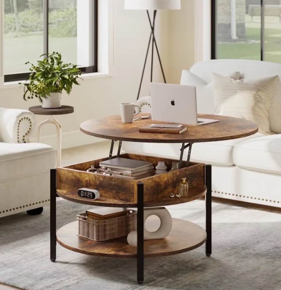 gunaito round lift top small coffee table with storage modern farmhouse center table with shelf 2 tier circle table for living room rustic brown