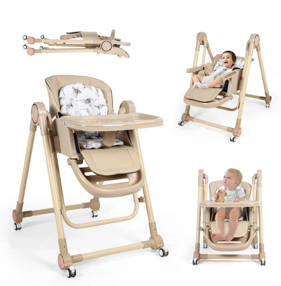 loewten 3-in-1 baby high chair,convertible baby swing,foldable infant dining chairs seat with wheels for babies and toddlers,brown