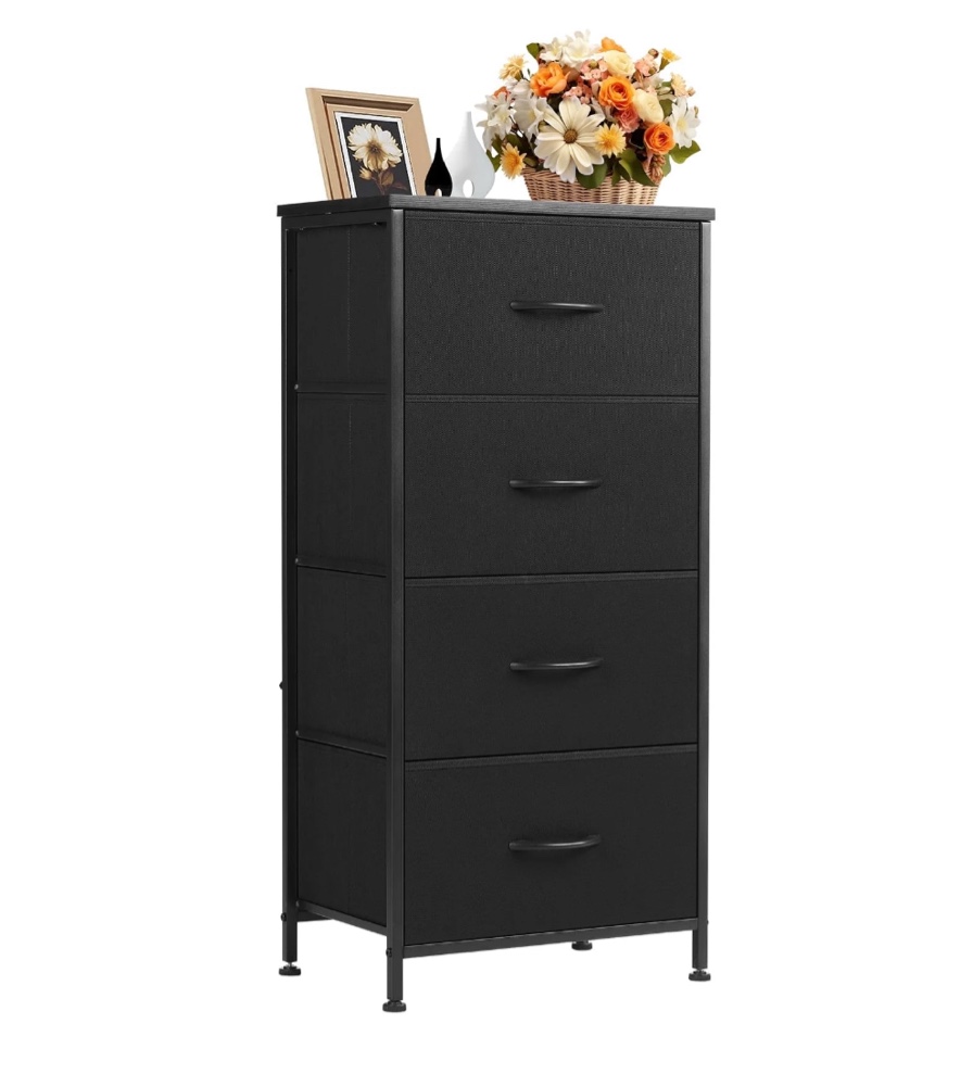 concetta 4 drawer dresser, wide chest drawers nightstand storage tower storage fabric dresser with wood top for living room, bedroom, closet, black