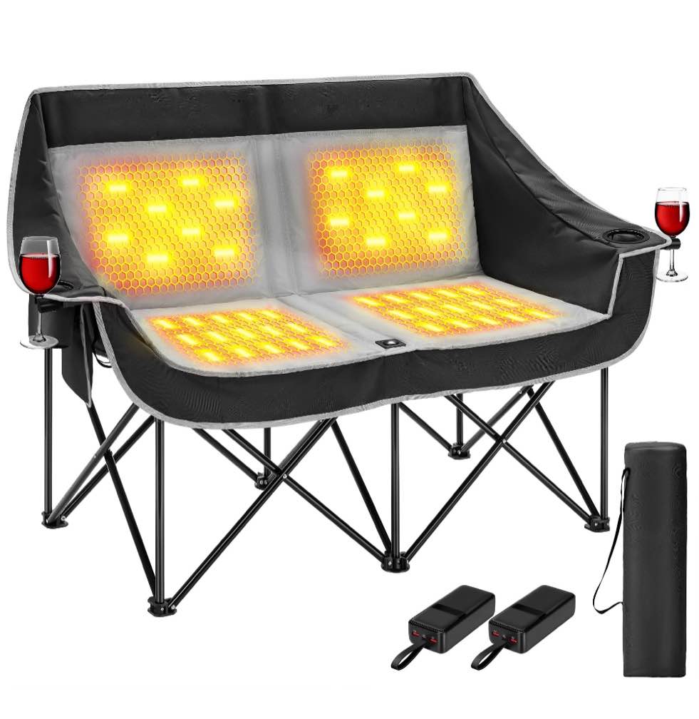specstar 45w heated double camping chair w/ 2×27000mah power banks, 3 heat levels, black&gray