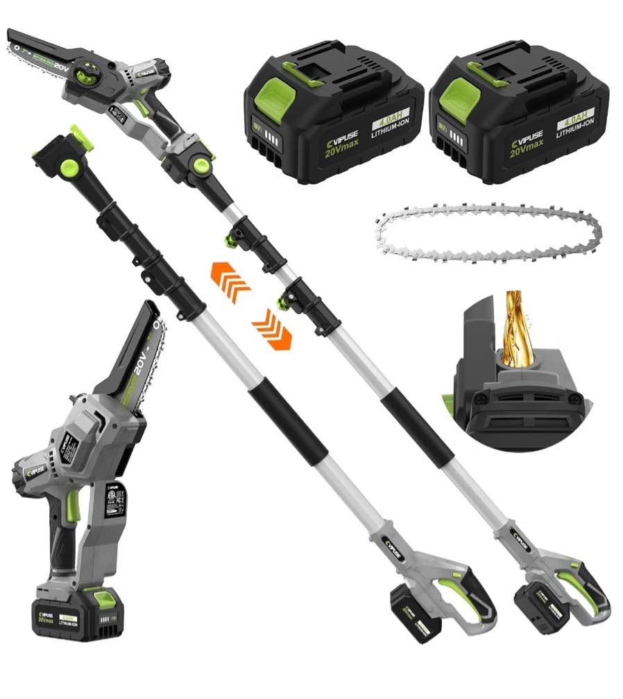 Vipuse 2-in-1 Brushless Cordless 16 FT Max Extension Pole Saws with Two 4.0Ah Rechargeable Batteries and 2.0Ah Fast Charger, 5.5lb Lightweight Auto Oiling 7 inch mini chainsaws for Tree Trimming