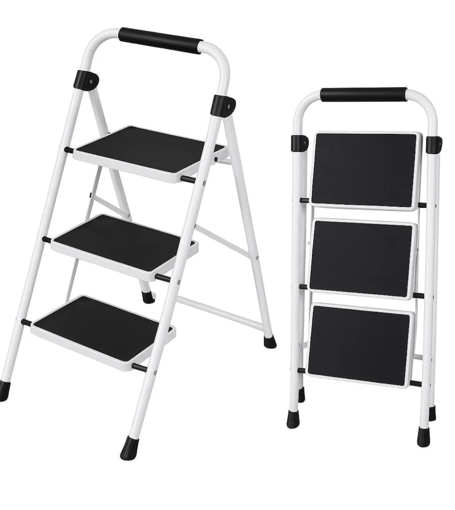 edx 3-Step Folding Step Stool for Adults - 330 Lbs Capacity, Sturdy Steel Frame, Wide Non-Slip Pedal & Top Handrail, Lightweight Portable Ladder for Home Kitchen, Black