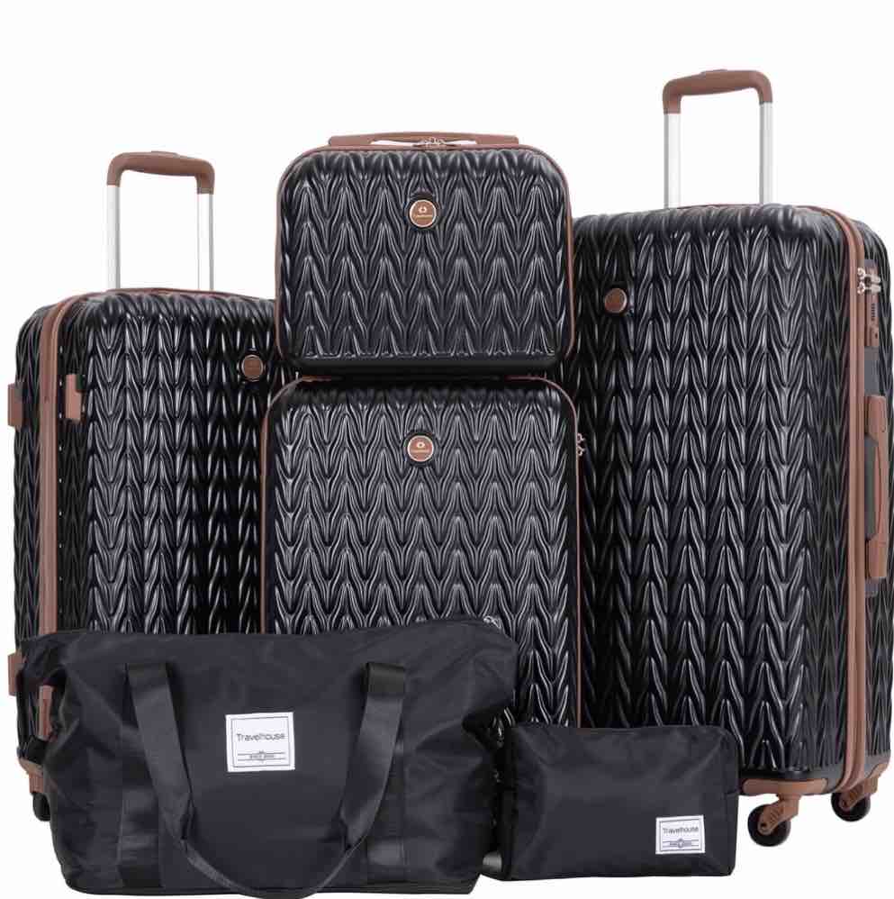 Travelhouse Luggage Set 6 Piece Hardside Suitcase TSA Lock Spinner Wheels 6 PCS Hardshell Luggage with Duffel Bag.(Black)