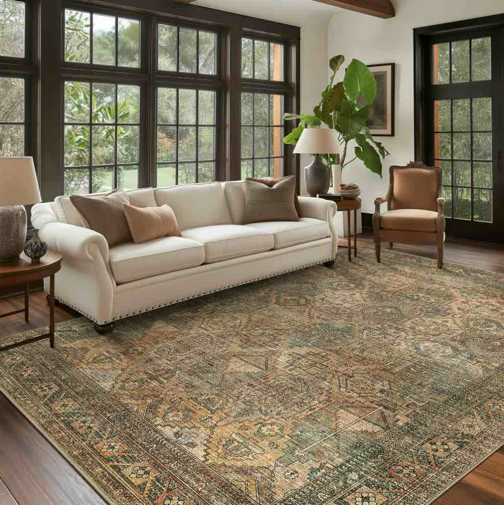 KUETH 8'x10' Area Rugs for Living Room, Non Slip Machine Washable Vintage Indoor Rug, Low Pile Chenille Print Rug for Bedroom Dining Room Home Office