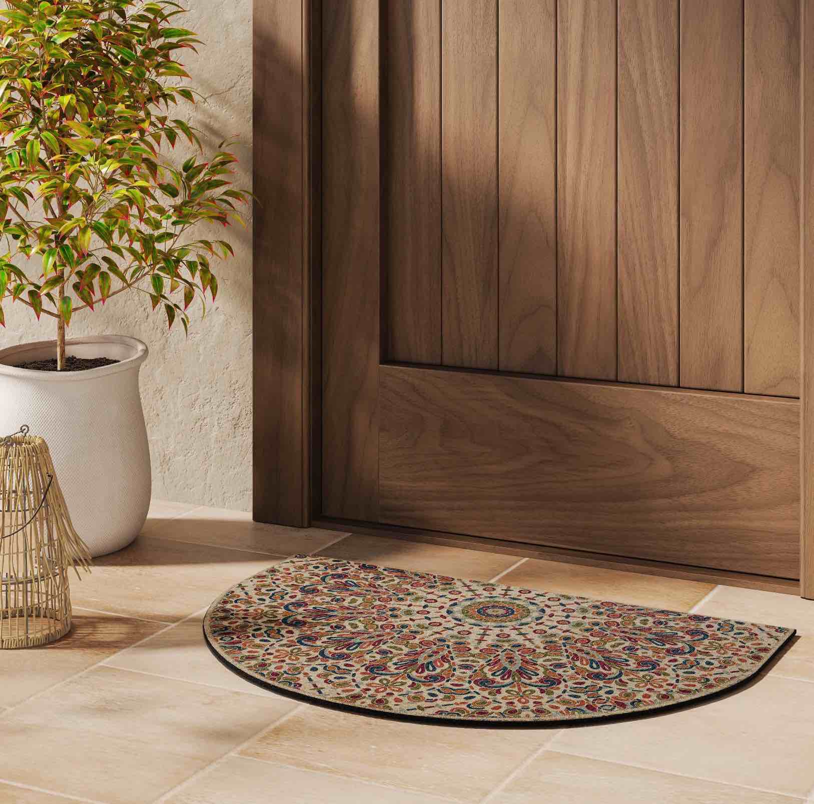 2'x3' driftwood medallion half round doormat beige - threshold™: outdoor rubber backed low pile door mat