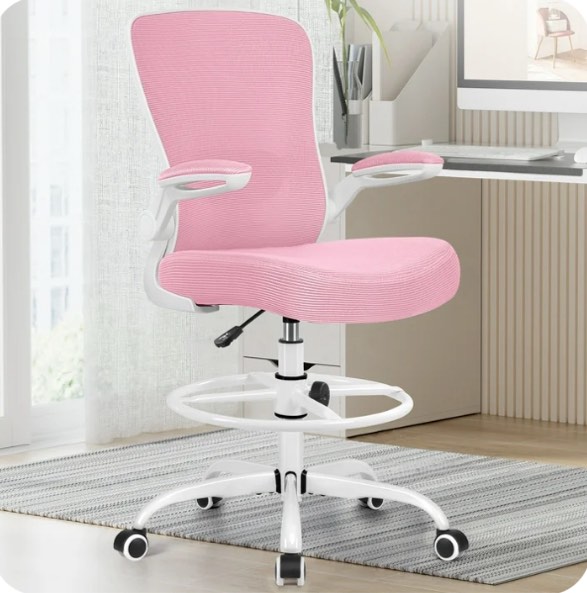 COOLHUT Drafting Chair Tall Office Chair for Standing Desk, Ergonomic High Office Desk Chair with Adjustable Foot Ring, Flip-Up Armrests and Lumbar Support for Home Office or Drawing Use, Pink
