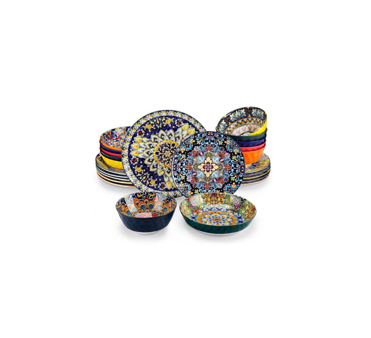 MALACASA 24 Piece Dinnerware Sets, Bohemian Plates and Bowls Set for 6, Porcelain Dinner Set, Multicolor