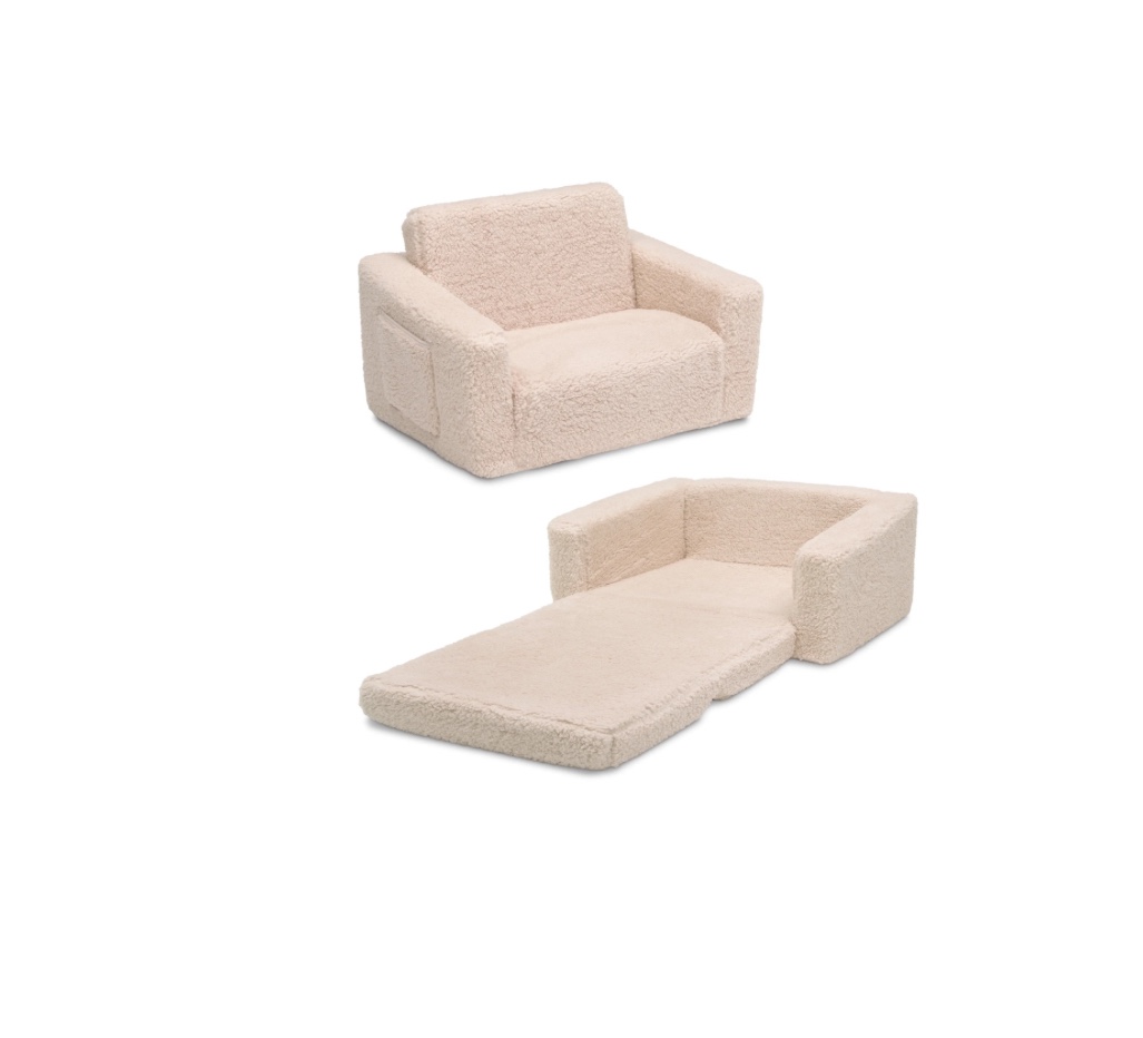 Delta Children Cozee Flip-Out Sherpa 2-in-1 Convertible Chair to Lounger for Kids, Cream